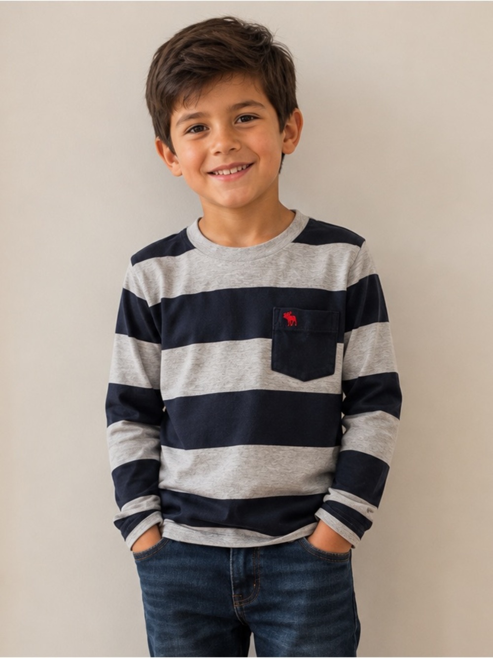 Abercrombie & Fitch Navy and Gray Striped Long-Sleeve Pocket Tee Boys 7-8